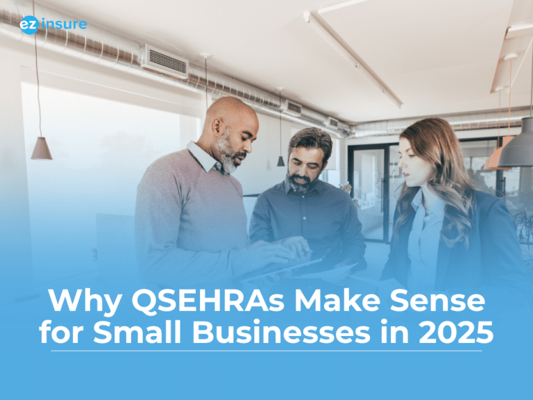 Three professionals in a modern office reviewing documents, with a text overlay that reads 'Why QSEHRAs Make Sense for Small Businesses in 2025'.